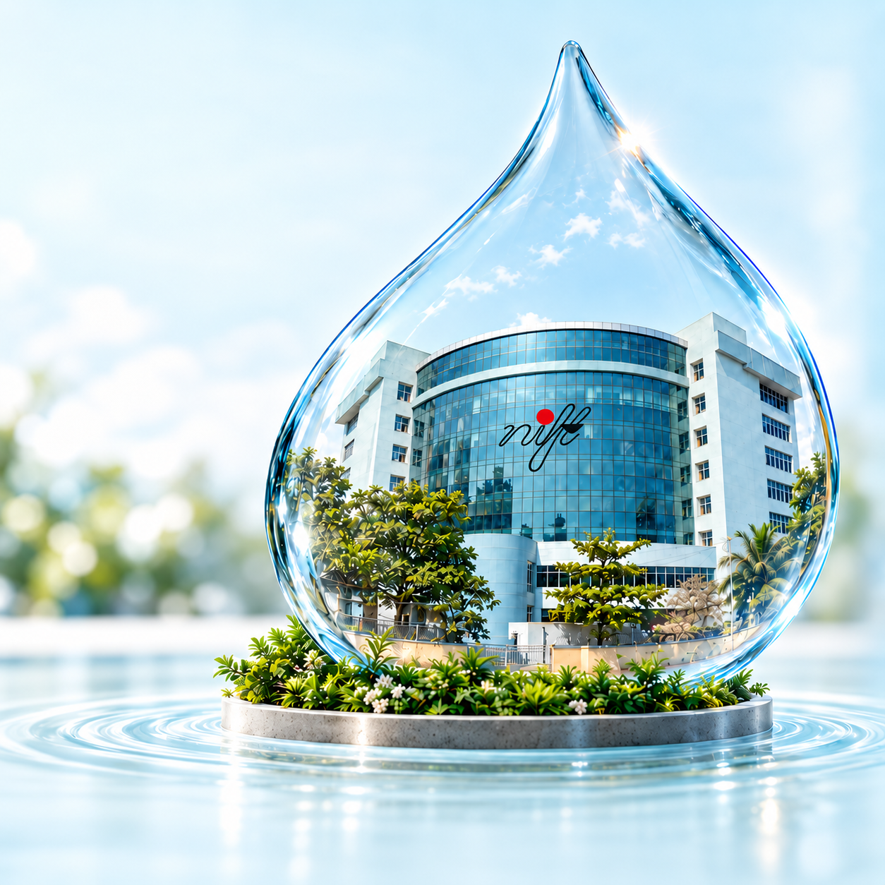 NIFT Navi Mumbai’s curved-glass campus building within a water droplet